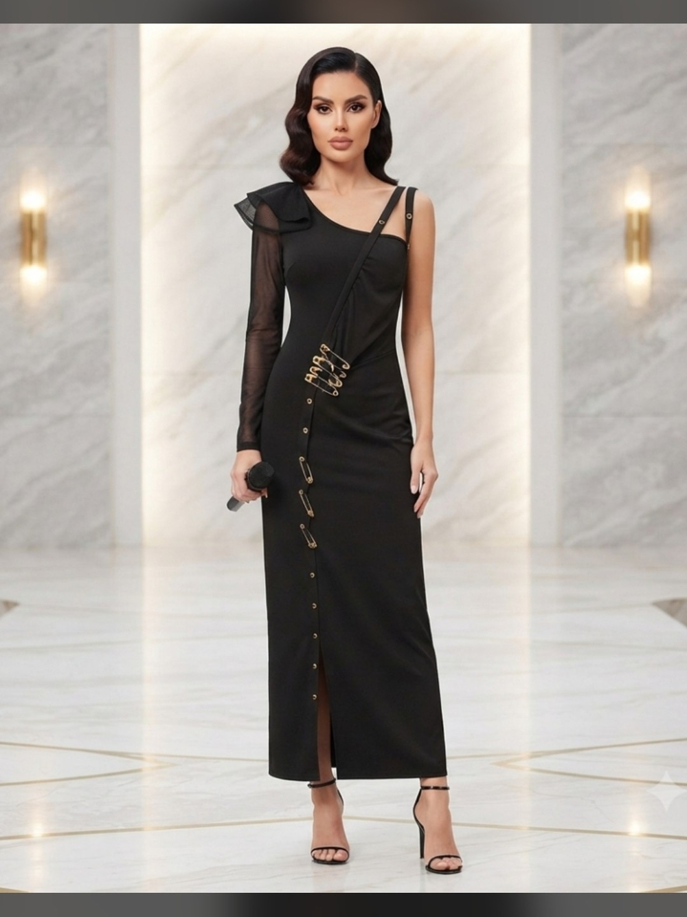 ChicMe Women's Asymmetrical One Shoulder Long Mesh Sleeve Maxi Dress. US10-12